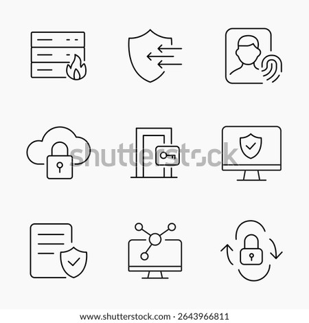Outline Icon Set illustrating cloud security, access control, identity verification and IT infrastructure, Perfect for cybersecurity and digital protection themes, vector illustration