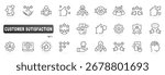 Outline icon set illustrating customer satisfaction, rating, feedback, support, loyalty, NPS metrics, reviews, engagement, trust, verified quality, service, performance, analytics