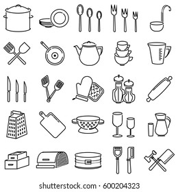 Outline icon set of kitchen utensils. Kitchen cooking related objects. Icon with elements for mobile concepts and web apps. Line and flat style icon. Vector sign.