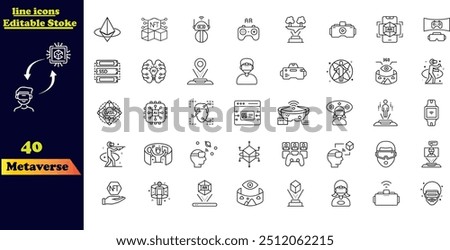 Outline icon set for the Metaverse. This collection includes icons representing Virtual Reality (VR), the digital world, Earth, the Metaverse concept, futuristic elements, and more.