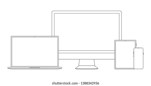 Outline Icon Set Of Modern Devices - Desktop Computer Monitor, Laptop, Tablet, Smartphone. Electronic Mock Up Gadgets Isolated On White Background. Template For Presentation, Web Design, Ui Kits.