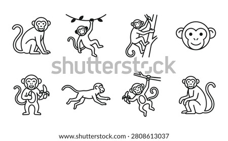 Outline icon set of monkeys in playful jungle poses: climbing trees, hanging from vines, and eating bananas.