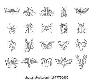 Outline icon set of mystic animals and insects. Butterfly, moth, dragonfly, spider, beetle, scorpion, snake, owl, deer, cat, bull, aries, raven, octopus, bat