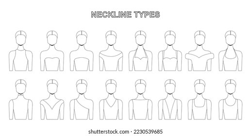 Rahmensymbolsatz für Neckline-Typen Umrisslinie Silhouette Frau Neckline Typ Symbolmodelle Sammlung Linear Frauenkleidung Necklines Stilzeilensymbol Verschiedene Halslinien auf weiblichen Mannequinen festlegen