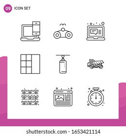 Conjunto de iconos de esquema. Paquete de 9 iconos de línea aislados en fondo blanco para el diseño de sitios web receptivo Aplicaciones de impresión y aplicaciones móviles.