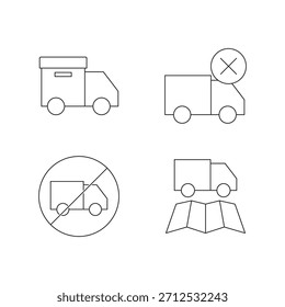 Conjunto de iconos de esquema para caja de paquete, entrega cancelada, prohibición y seguimiento de mapas.
