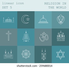 Outline icon set Religion in the world. Flat linear design. Vector illustration