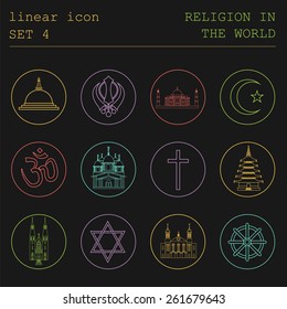 Outline icon set Religion in the world. Flat linear design. Vector illustration