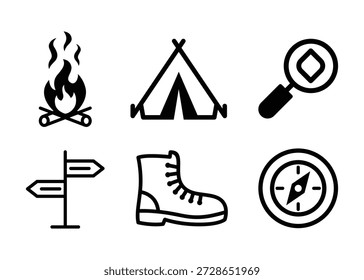 Conjunto de iconos de contorno que representan actividades de acampada y aventura al aire libre como carpa, fuego, botas, brújula y señalización.
