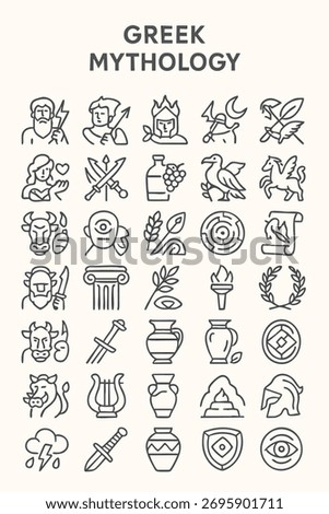 Outline Icon Set Representing Greek Mythology, Gods, Goddesses, Ancient Culture, and Legendary Creatures Including Zeus, Poseidon, and Minotaur Symbols.