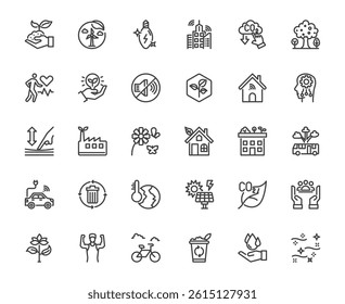 Outline icon set representing a green and sustainable city. Includes symbols of renewable energy. Perfect for environmental campaigns, infographics, and green technology projects, editable stroke line