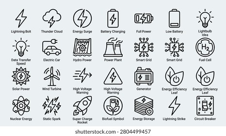 Outline icon set represents energy production and renewable resources concepts, including lightning bolt, thunder cloud, energy surge, battery charging, full power, low battery, lightbulb idea