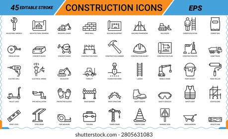 Outline icon set represents various aspects of construction, architecture, and industrial processes.