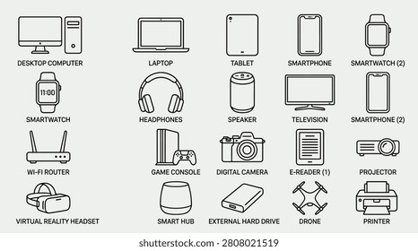 Outline icon set showcases modern electronic devices and gadgets, including desktop computer, laptop, tablet, smartphone, smartwatch, headphones, speaker, television, Wi-Fi router, game console, digital camera, and e-reader.