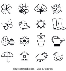 Outline icon set of spring elements. Spring stickers for poster and greeting cards. Vector illustration.