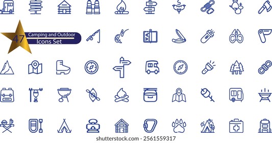 Outline icon set - summer camping, outdoor, travel.