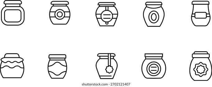 Conjuntos de ícones de tópicos de vários frascos e recipientes de armazenamento em estilo de linha simples para etiquetar e design de interface do usuário.