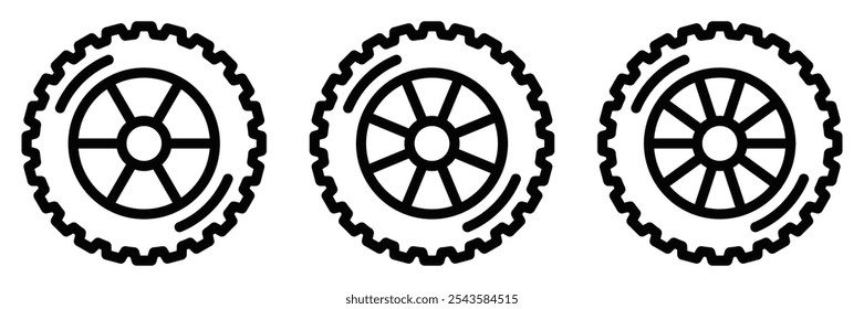 Conjunto de iconos de contorno de varios diseños de neumáticos para automóviles. Trazo editable.