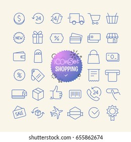 Conjunto de iconos de esquema. Iconos de línea delgada de aplicaciones web y móviles. Compras