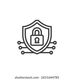 Icono de contorno de escudo con IA y candado. Representa inteligencia artificial segura. Icono de línea de Vector de protección de ciberseguridad.