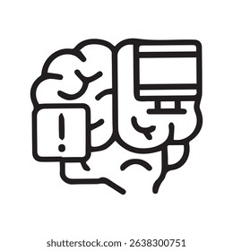 Outline icon showing a brain with a computer and warning sign to represent the issues caused by human error in AI and technological dependence
