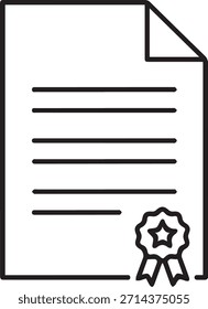 Icono de contorno que muestra un documento formal o certificado con un sello de Aprobación decorativo y cinta.