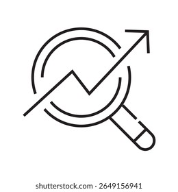 Outline icon showing a graph with arrow indicating data growth and business analysis. Editable stroke. Vector illustration.