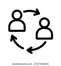 Ícone de Estrutura de Tópicos mostrando dois perfis de usuário conectados por setas circulares, ilustrando conceitos como troca de dados, fluxo de comunicação, interação do usuário ou loop de comentários. Isolado no fundo branco.