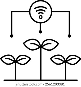 An outline icon smart farming technology. Features plants connected to a network with wireless signals, symbolizing IoT in agriculture and precision farming. minimalist icon.