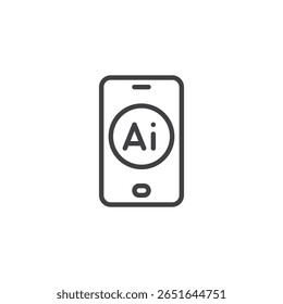 Ícone de contorno de um smartphone com símbolo de IA na tela. Ícone de vetor de linha representando aplicativos de IA móveis e tecnologia de assistente inteligente. Símbolo do ícone da interface digital.