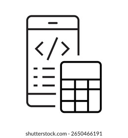 Outline icon of smartphone and layout grid. Represents responsive UI or UX, web design, or mobile optimization. Linear and editable stroke. vector illustration