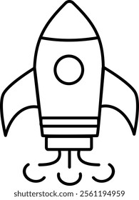 outline icon space technology, featuring a rocket launching. Ideal for themes related to space exploration, innovation, and aerospace industries.