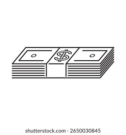 Outline icon of a stack of dollar bills bundled together with a central band marked with a dollar sign. Minimal black line style perfect for UI, fintech, accounting, or payment-themed graphics.
