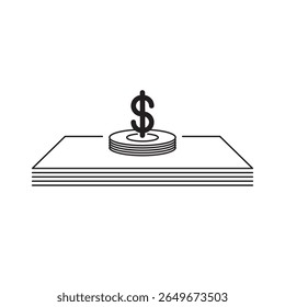 Ícone de estrutura de tópicos de notas empilhadas com moeda e símbolo de dólar na parte superior. Perfeito para finanças, bancos, investimentos, renda, economia, pagamento e conteúdo visual com temas de negócios.
