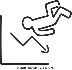 Outline icon of a stick figure sliding down a falling line graph. Symbolizes economic crash, financial loss, and business failure branding with adjustable line weight.