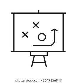 Outline icon of strategy map or route planning with dotted lines and symbols, representing a tactical business plan. Editable stroke. Vector illustration.