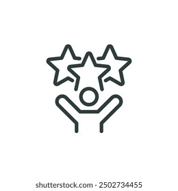 Outline icon talent acquisition, employee award, customer satisfaction, success. Line sign three stars above man with his hands raised. Vector isolated pictograms on white background editable stroke.