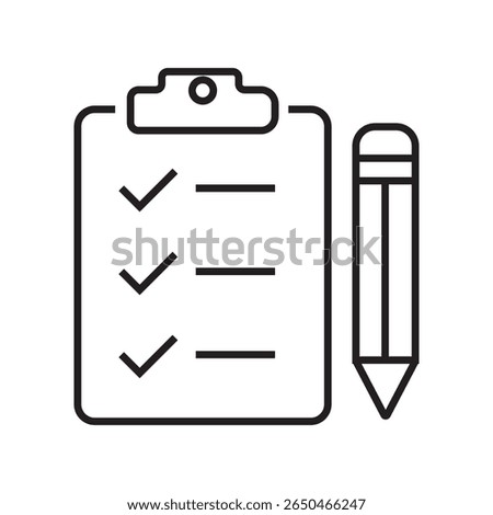 Outline icon of a task checklist with multiple items. Represents productivity, task management, or workflow process. Editable stroke, linear style. vector illustration 