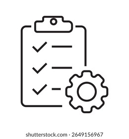 Outline icon of a task list with gear, representing project management and task automation. Editable stroke. Vector illustration.