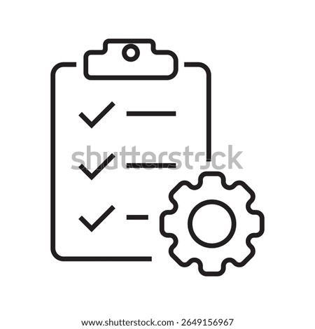 Outline icon of a task list with gear, representing project management and task automation. Editable stroke. Vector illustration.