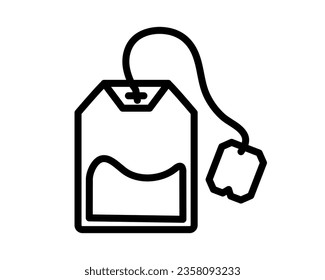 Icono de contorno de la bolsa de té con etiqueta. Rápido brea. Preparando una bebida. Imagen lineal simple. Objeto aislado sobre un fondo blanco. Ilustración vectorial.
