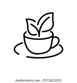 outline icon of tea in a cup  with tea leaves