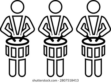 Outline icon of three drummers playing in a marching band, perfect for parade, festival, and musical event designs