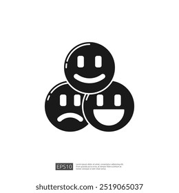 Outline icon of three emojis. one smiling, one neutral, and one sad. Concept of customer feedback and user experience.