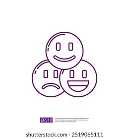 Outline icon of three emojis. one smiling, one neutral, and one sad. Concept of customer feedback and user experience.