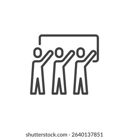 Outline icon of three figures in a group discussion pose, symbolizing communication and teamwork. This line vector icon is ideal for collaborative settings. Logo symbol icon.