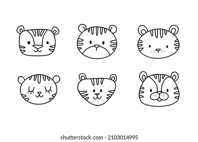 Outline icon tiger head. cartoon face logo. Cute animal. Hand drawn