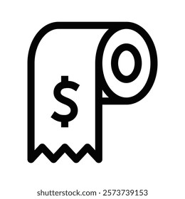 Outline icon of toilet paper with a dollar sign. Editable stroke.