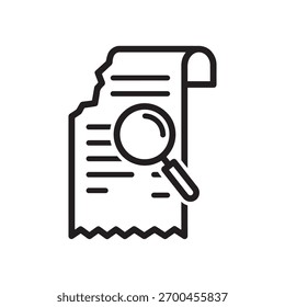 Um ícone de estrutura de tópicos de um documento rasgado e lupa, simbolizando investigação de dados, auditoria, detecção de problemas e análise.