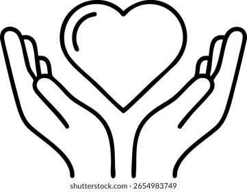 Icono de contorno de dos manos sosteniendo suavemente un corazón. Representa cuidado, Asistencia, amor y protección. Un símbolo minimalista para la salud, la familia o el seguro.